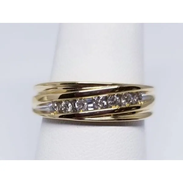 14K Yellow Gents Diamond Band. 6.4mm, with 7 channel Set Diamonds 0.21 tdw, Color K-L, Clarity SI2.  Size 11 Barnes Jewelers Goldsboro, NC