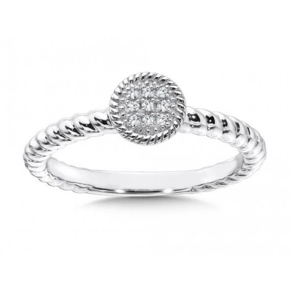 COLORE S~7CG  Rhodium Sterling Silver Ring, Stackable, Rope Detailing, Round Center, Diamond(0.036)   Size 7, LVR615-DI Barnes Jewelers Goldsboro, NC