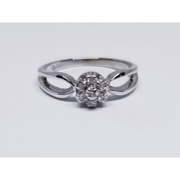 10K White Diamond Fashion Ring with 7 Diamond Cluster 0.07 tw  H-I Color, SI2 Clarity.  Split Shank.  Size 6.5 Barnes Jewelers Goldsboro, NC