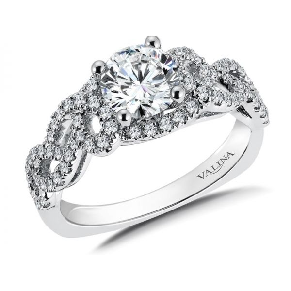 14 Karat White Diamond Semi Mount  Engagement Ring, Size 6.5.  0.39tw Diamonds. Center made for 1 Carat Round Stone. Barnes Jewelers Goldsboro, NC