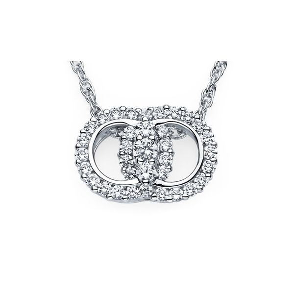 Ladies 14kt White Gold Diamond Marriage Symbol Pendant with .25cttw Round Cut Diamonds  G/H I1. One 0.03ct, 2=0.03cttw and 40=0. Barnes Jewelers Goldsboro, NC