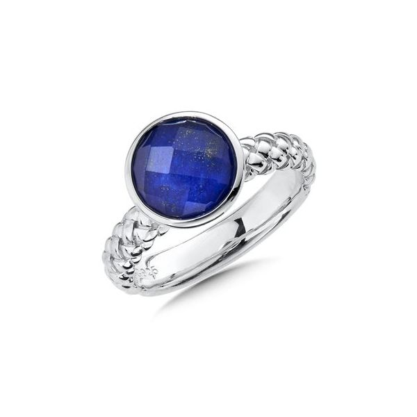 Rhodium  Sterling Silver Stackable Ring w/ One Round 10mm  Clear Quartz over Lapis Fusion , Size 7 Barnes Jewelers Goldsboro, NC