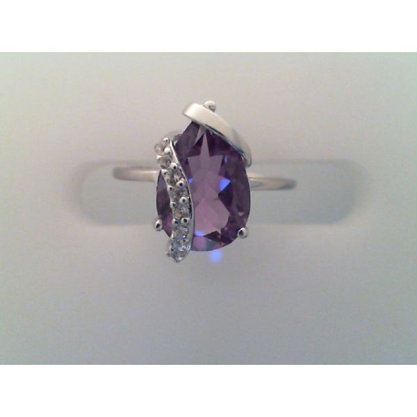 Rhodium Sterling Silver Ring with One Amethyst  2 carat pear shape  and  0.064tw White Topazs, size 7 Barnes Jewelers Goldsboro, NC