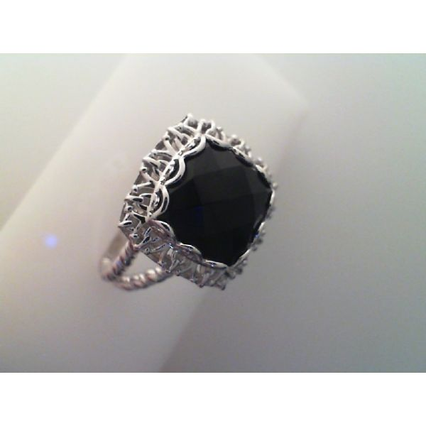 Rhodium Sterling Silver Onyx Ring With One 10mm Square Black Onyx, Checkerboard Top, Lace Edge, Split Shank, Size 7 Barnes Jewelers Goldsboro, NC