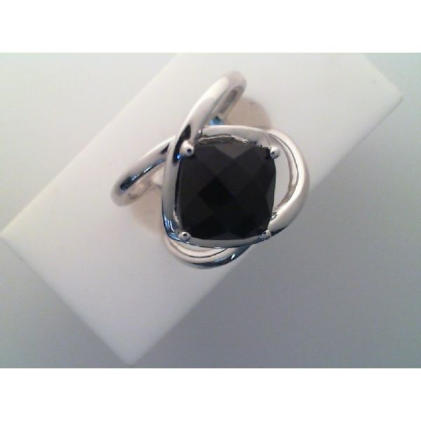 Rhodium Sterling Silver Onyx Ring with One 9mm Squared Black Onyx with Checkerboard top, Freeform split shank. Size 7. Barnes Jewelers Goldsboro, NC