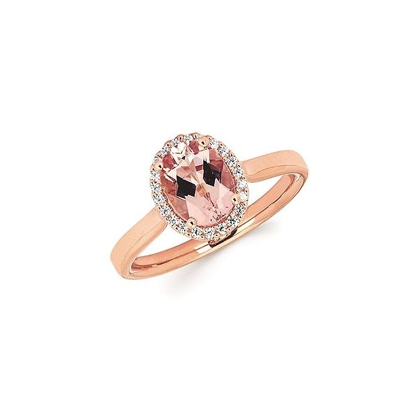 Rosé 14 Karat Fashion Ring Size 6.5 With One 1.25ct Oval Cushion Morganite and 22 Diamonds 0.005. Barnes Jewelers Goldsboro, NC