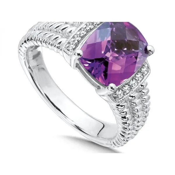 Rhodium Sterling Silver Ring , with One 10mm x 8mm Amethyst & Diamonds 0.10tw,  Size 7 Barnes Jewelers Goldsboro, NC