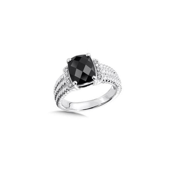 Rhodium Sterling Silver Ring with 8mm x 10mm Faceted  Black Onyx & Diamonds 0.10tw Size 7 Barnes Jewelers Goldsboro, NC