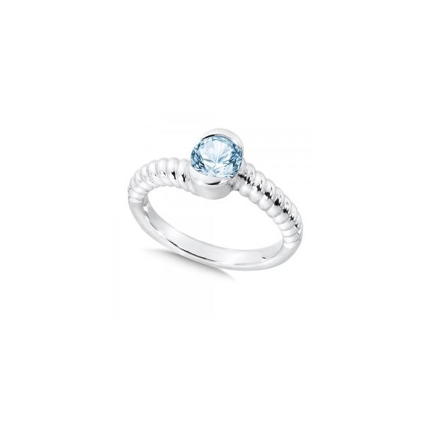 Rhodium  Sterling Silver Stackable Fashion Ring, with one 6mm round Aquamarine . Size 7 Barnes Jewelers Goldsboro, NC