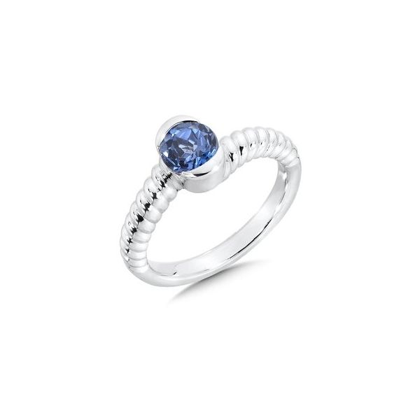 Rhodium Sterling Silver  Stackable Fashion Ring with One 6mm round Created Blue Sapphire , Size 7 Barnes Jewelers Goldsboro, NC