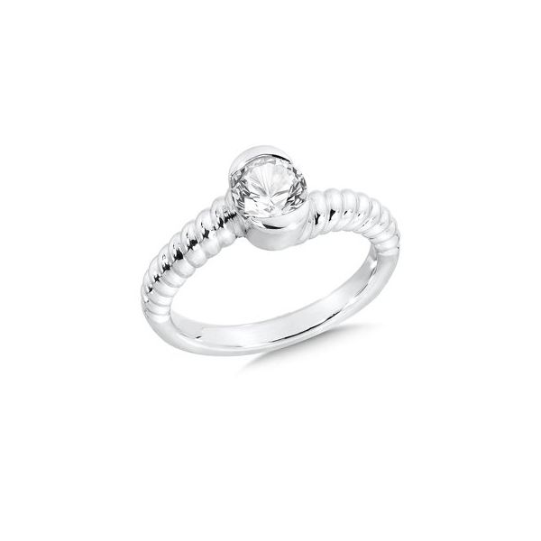 Rhodium  Sterling Silver Stackable Fashion Ring w/one 6mm Round Created White Sapphire, Size 7. Barnes Jewelers Goldsboro, NC