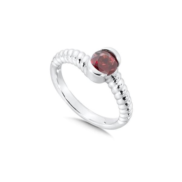 Rhodium Sterling Silver  Stackable Ring, w/ One 6mm Round Garnet, Size 7, Barnes Jewelers Goldsboro, NC