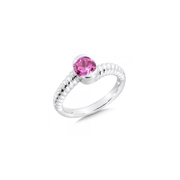 Rhodium  Sterling Silver  Stackable Fashion Ring, w/One 6mm Round Created Pink Sapphire  Size 7 Barnes Jewelers Goldsboro, NC