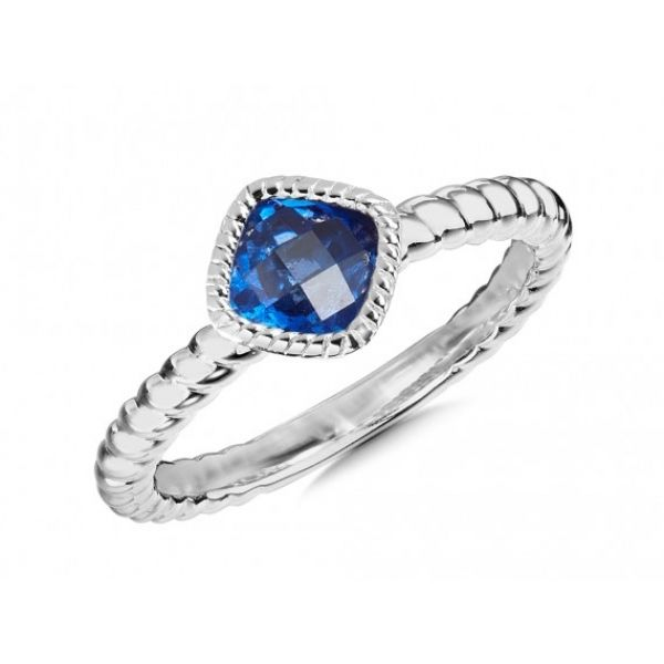 Rhodium Sterling Silver Stackable Ring  w/One 5mm Faceted Lab Created Blue Sapphire , Size 7 Barnes Jewelers Goldsboro, NC