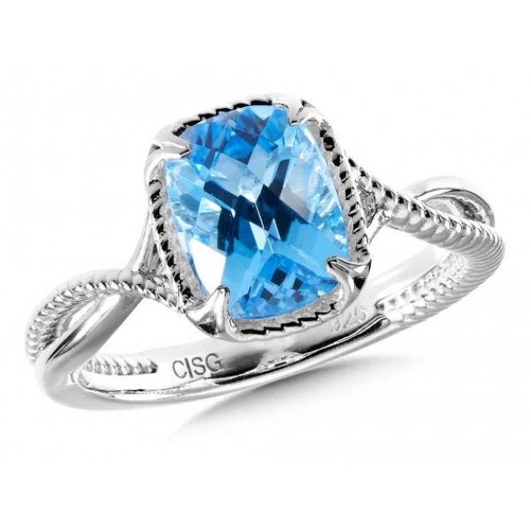 Rhodium Sterling Silver Fashion Ring w/ One  9mm x 7mm Faceted Blue Topaz , Size 7 Barnes Jewelers Goldsboro, NC