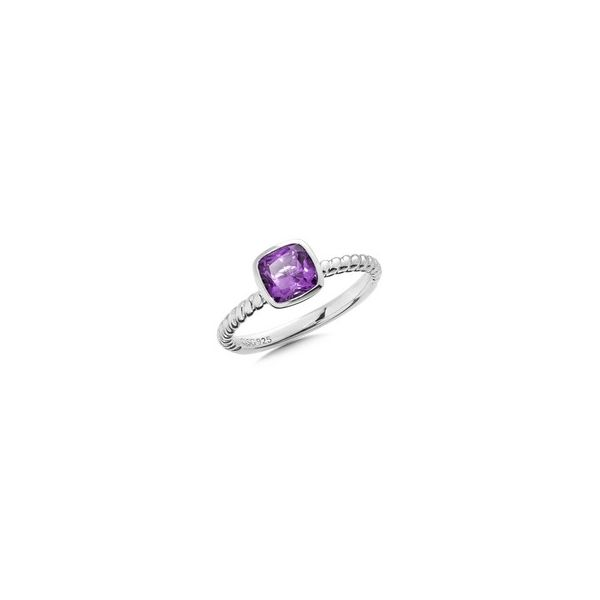 Rhodium Sterling Silver Stackable Ring  w/ One 6mm x 6mm Amethyst, Size 7 Barnes Jewelers Goldsboro, NC