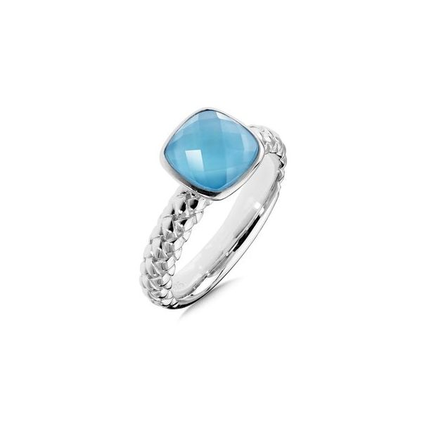Rhodium  Sterling Silver Stackable Fashion Ring, w/One  8mmx 8mm Clear Quartz over Dyed Blue Shell  Size 7 Barnes Jewelers Goldsboro, NC