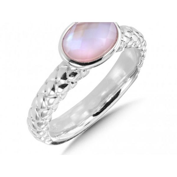 Rhodium Sterling Silver Stackable Fashion Ring w/One 8mm x 6mm Oval Clear Quartz over Pink Shell Fusion,  Size 7 Barnes Jewelers Goldsboro, NC