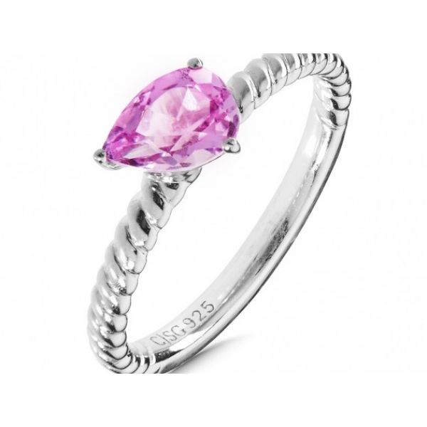 Rhodium  Sterling Silver  Stackable Fashion Ring w/ One Pear shape 7mm x 5mm Pink Sapphire Stone, Size 7 . Barnes Jewelers Goldsboro, NC