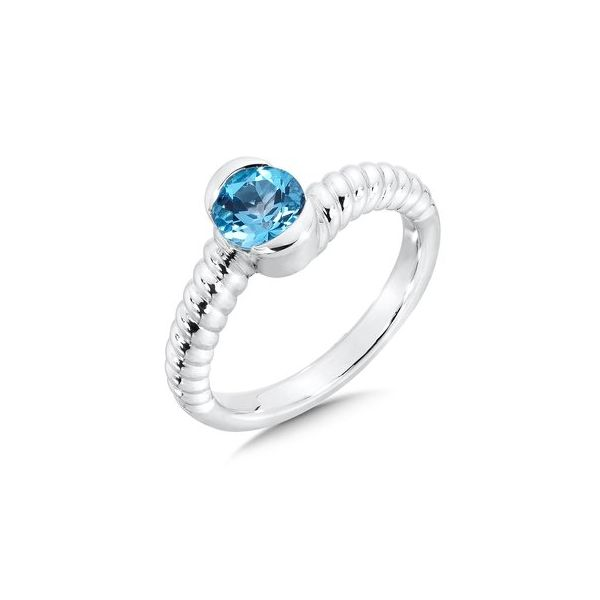 Rhodium  Sterling Silver Stackable Ring with one 6mm round  Blue Topaz , Size 7 Barnes Jewelers Goldsboro, NC