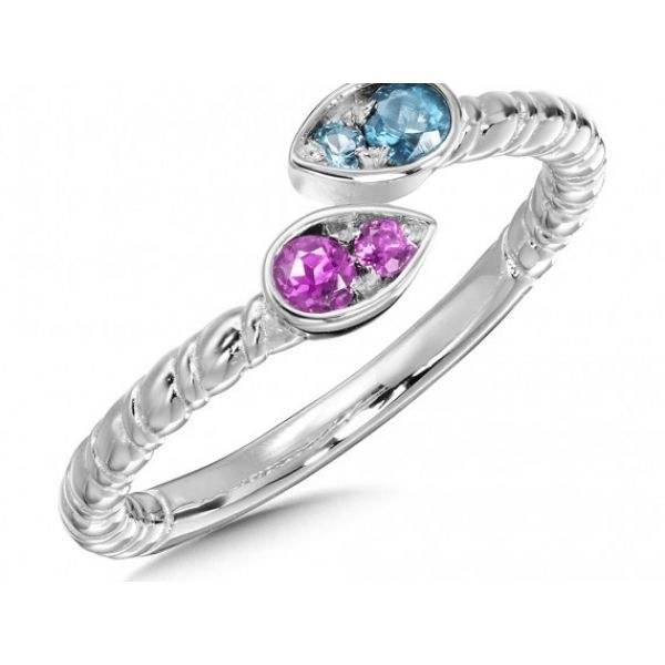 Rhodium  Sterling Silver Bypass Ring, w/ Blue Topaz & Lab Created Pink Sapphire Stones, Size 7 Barnes Jewelers Goldsboro, NC
