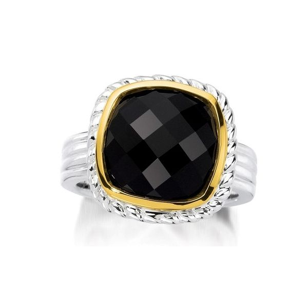Sterling Silver & 18KY Ring w/ 12mm x 12mm Black Onyx Checkboard Stone, Size 7 Barnes Jewelers Goldsboro, NC