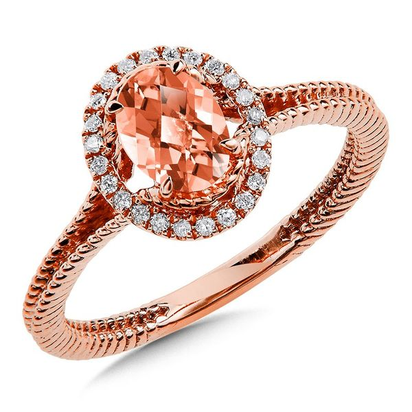 14 Karat Rosé Fashion Ring with 7x5mm Oval Morganite and 0.10tw Diamonds Size 7 Barnes Jewelers Goldsboro, NC