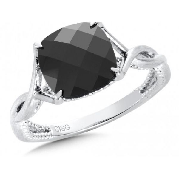 Rhodium Sterling Silver (Satin Finish) Ring with One  9x9mm Cushion Black Onyx,  Size 7 Barnes Jewelers Goldsboro, NC