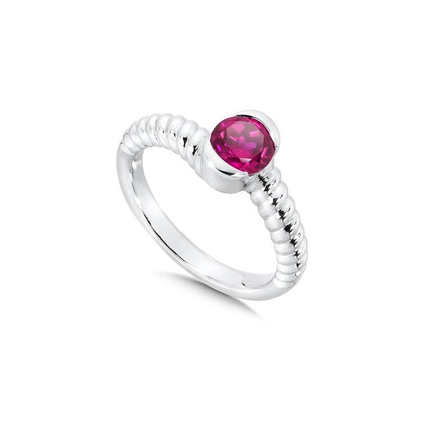 Rhodium Sterling Silver  Stackable Ring w/one 6mm round Lab Created Ruby, Size 7. Barnes Jewelers Goldsboro, NC