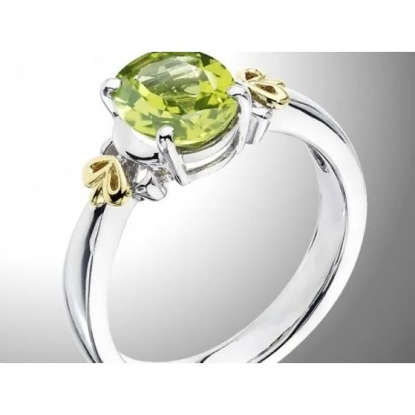 Rhodium Sterling Silver & 18Ky Fashion Ring with One 9x7mm Peridot. Size 7 Barnes Jewelers Goldsboro, NC