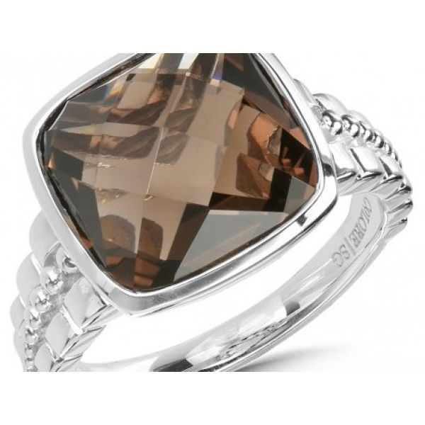 Rhodium Sterling Silver Fashion Ring with One 12x12mm Cushion Smokey Quartz.  Size 7. Barnes Jewelers Goldsboro, NC