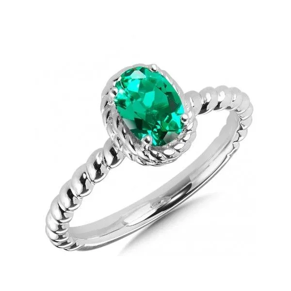 Rhodium Sterling Silver Ring with 7x5mm Created Emerald.  Size 7 Barnes Jewelers Goldsboro, NC