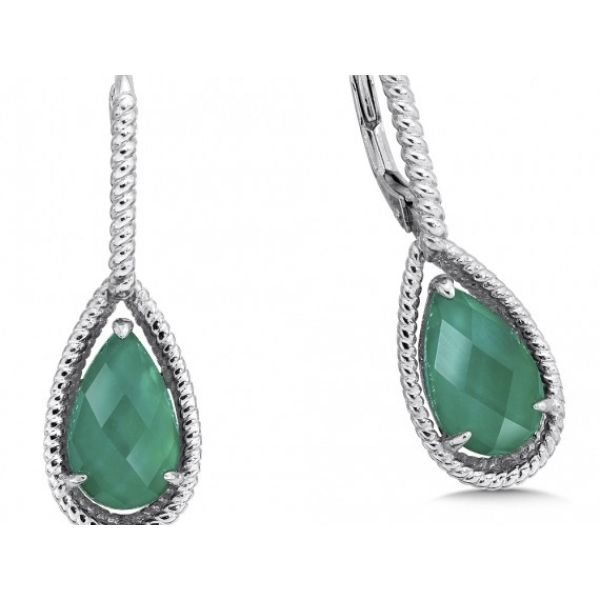 Rhodium Sterling Silver Drop/Dangle Earrings with Pear Shape Green Agate & Quartz Fusion Stones . Hinged Wires, Rope Edge, Barnes Jewelers Goldsboro, NC