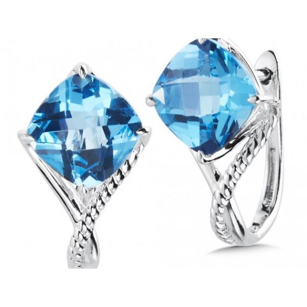 Rhodium Sterling Silver Blue Topaz Earrings. Post, J Hoop, Hinged Barnes Jewelers Goldsboro, NC