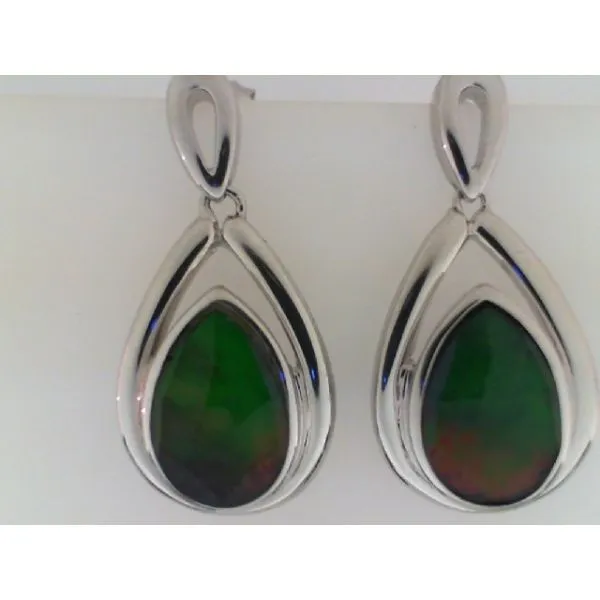 KORITE -  Rhodium Sterling Silver Ammolite Earrings, Dangle, Posts, 13mm x 8mm Pear shaped Ammolites,  SE3022F1-AM-T2-QZ Barnes Jewelers Goldsboro, NC