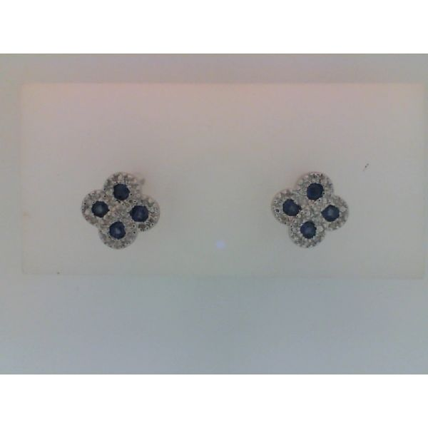 Rhodium .925 Sterling Silver Sapphire & Diamond Earrings, Stud Posts, with 4 Blue Sapphires 0.32ctw and 0.10 ctw Diamonds Barnes Jewelers Goldsboro, NC