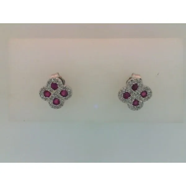 Rhodium .925 Sterling Silver Ruby & Diamond Earrings, Stud Posts, with 4 Rubies 0.33ctw and 0.10ctw Diamonds Barnes Jewelers Goldsboro, NC