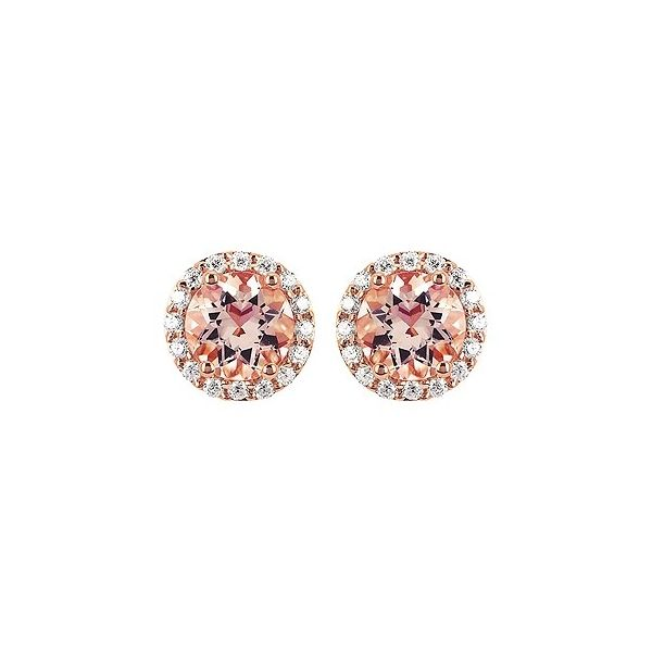 Rosé 14 Karat Halo Stud Earrings With 2=0.16Tw Round Morganites and 32 Diamonds  0.005 tw Barnes Jewelers Goldsboro, NC