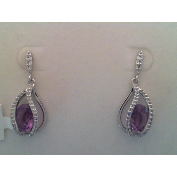 Rhodium Sterling Silver Fashion Dangle Earrings, posts,  w/ Two  Oval  Amethyst Stones = 3.5 tw. Barnes Jewelers Goldsboro, NC