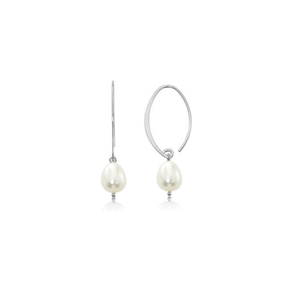 Rhodium Sterling Silver Simple Sweep Drop Earrings with Cultured Freshwater Pearls Barnes Jewelers Goldsboro, NC