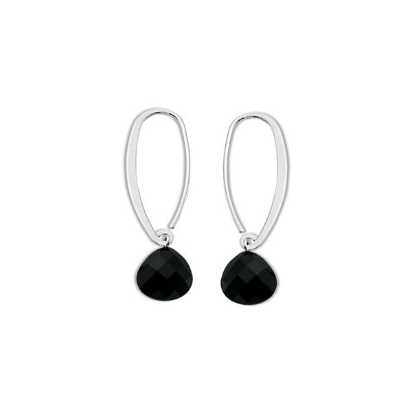 Rhodium  Sterling Silver Simple Sweep Drop Earrings with Faceted Black Onyx Barnes Jewelers Goldsboro, NC