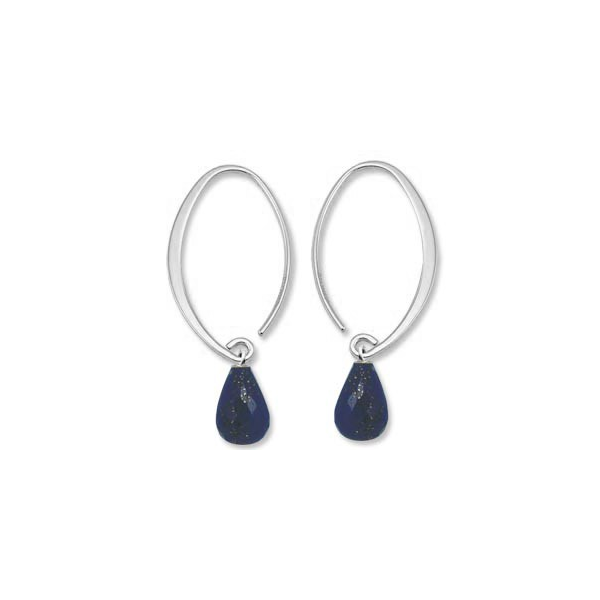 Rhodium Sterling Silver Small Simple Sweep Earrings w/Faceted Lapis Drops Barnes Jewelers Goldsboro, NC