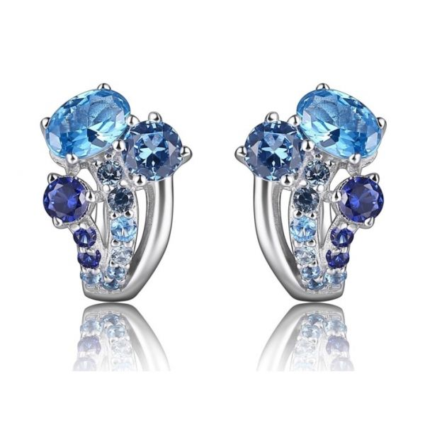 Rhodium Sterling Silver Earrings with Synthetic Blue Spinel or Corundum Stones.  Hinged Back. Barnes Jewelers Goldsboro, NC