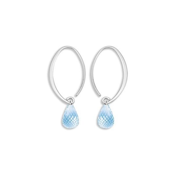 Rhodium Sterling Silver Simple Sweep Drop Earrings w/ Blue Topaz Barnes Jewelers Goldsboro, NC