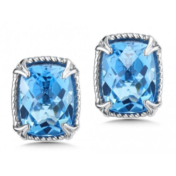 Rhodium Sterling Silver Stud Earrings with Two 8x6mm Cushion Blue Topazs Barnes Jewelers Goldsboro, NC