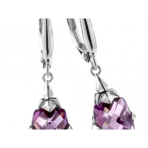 Rhodium  Sterling Silver Dangle Earrings with Two 9x7mm Cushion Amethyst. Barnes Jewelers Goldsboro, NC