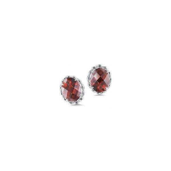 Rhodium Sterling Silver Stud Earrings with Two Oval  9x7mm Red Garnets. Barnes Jewelers Goldsboro, NC