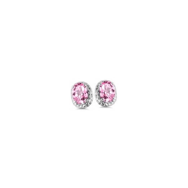 Rhodium Sterling Silver Stud Earrings with Two 6x4mm Created Pink Sapphires. Barnes Jewelers Goldsboro, NC