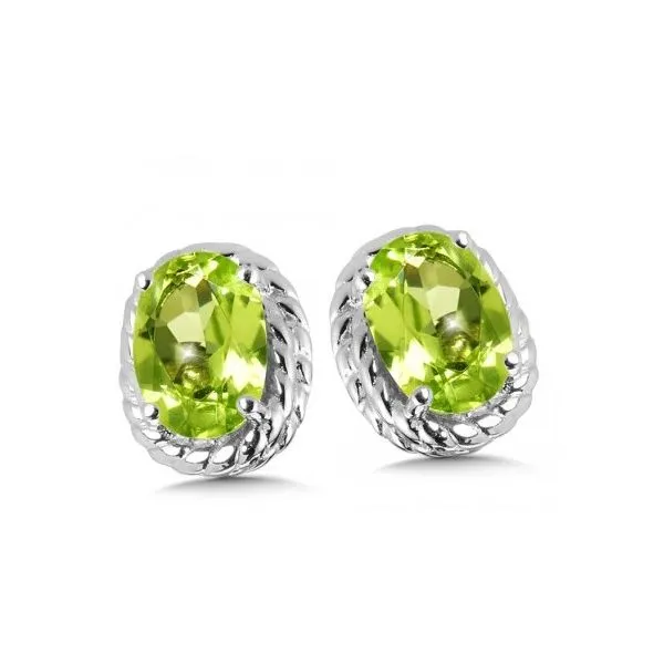 Rhodium Sterling Silver Stud Earrings with Two 6x4mm Peridots. Barnes Jewelers Goldsboro, NC