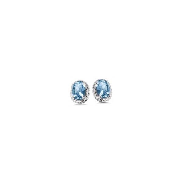 Rhodium Sterling Silver Stud Earrings with 2 6x4mm Blue Topaz. Barnes Jewelers Goldsboro, NC